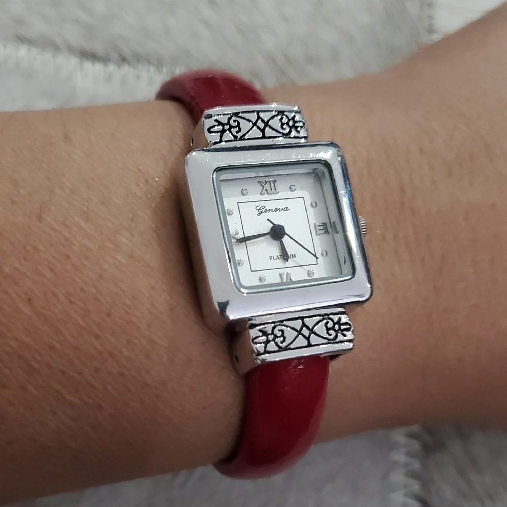 Geneva Women's Watch with Red Strap and Silver Case